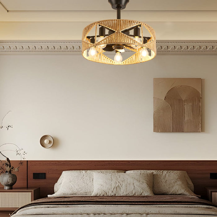 20-in Hemp Rope-Woven Caged Ceiling Fan with Light and Remote. 6-Speed