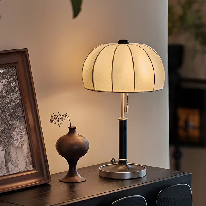 Vintage Wood Table Lamp with Fabric Dome Shade and Pull Switch