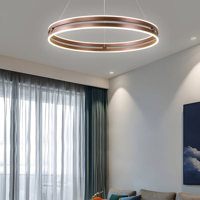 23.6-in Double Wheel Chandelier Modern LED Pendant Light. Black/Gold/Brown