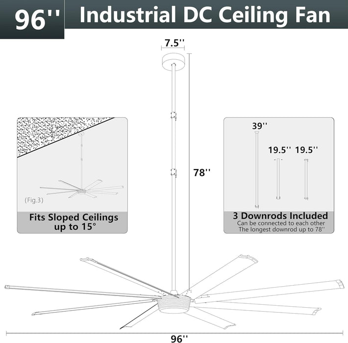 96 in. Huge Ceiling Fan, Black Outdoor Ceiling Fan NO Light, Industrial Outdoor Patio Ceiling Fans for Garage, Nice Ceiling Fans, Remote Control Fan-4-ErisView
