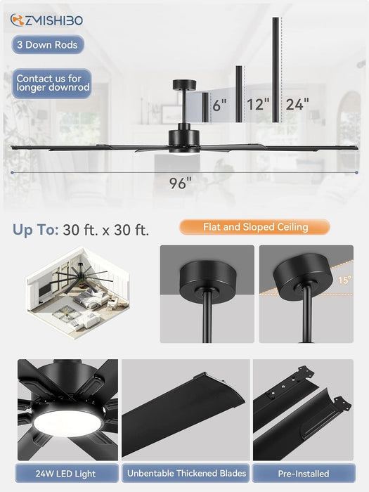 96 in. Huge Ceiling Fan, Industrial Ceiling Fans with Lights, Reversible Ceiling Fan with Remote for Patio Garage Porch, Black Outdoor Ceiling Fan-6-ErisView