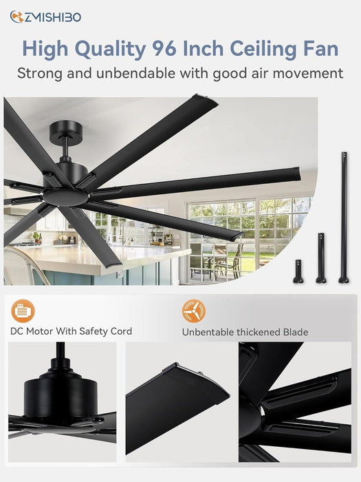 96 in. Huge Ceiling Fan, Industrial Reversible DC Ceiling Fan with Remote, Black Commercial Ceiling Fans for Porch Garage Shop-2-ErisView