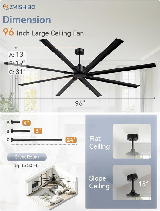 96 in. Huge Ceiling Fan, Industrial Reversible DC Ceiling Fan with Remote, Black Commercial Ceiling Fans for Porch Garage Shop-6-ErisView