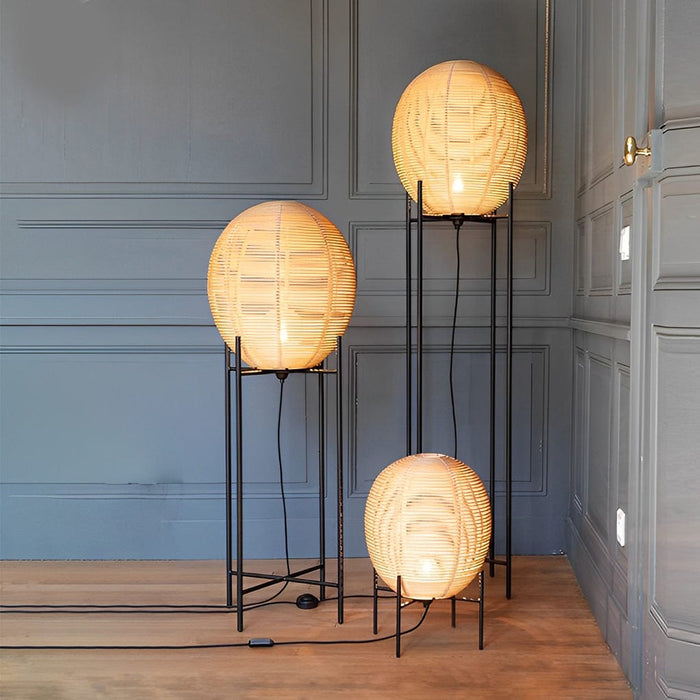 Rustic Handwoven Rattan Sari Floor Lamp with Egg Shaped Shade Standing Lamp