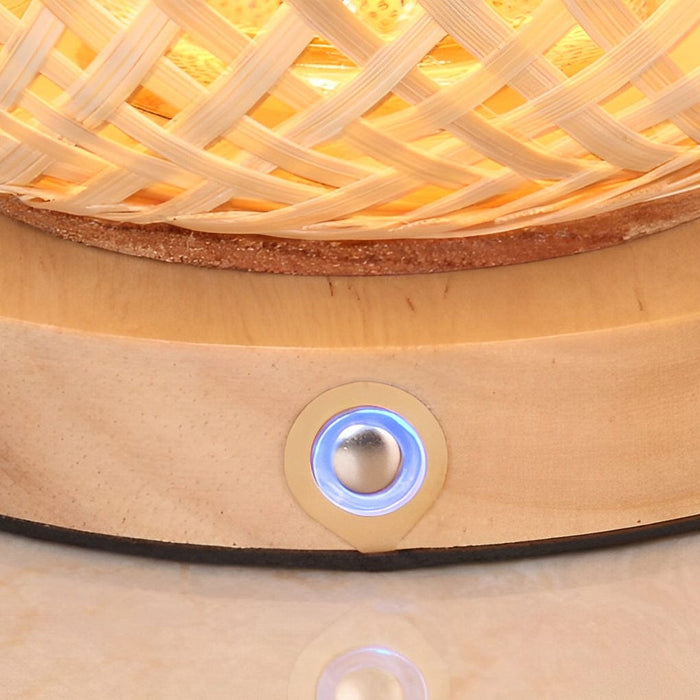 Portable Woven Shade Desk Lantern with Handle. Bamboo Table Lamp with Lid