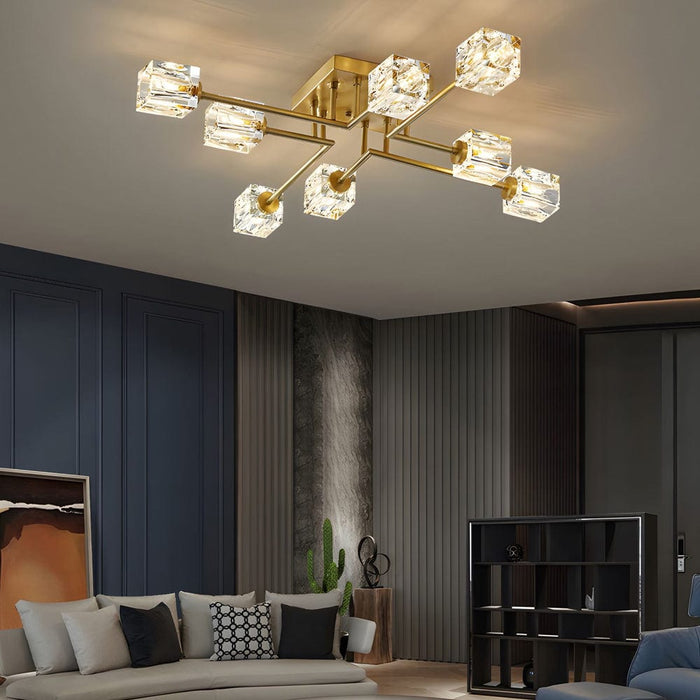 Modern Copper Crystal Cube Semi-Flush Mount Light Fixture. 4/6/8-Light