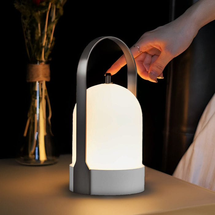 Electroplating Metal Portable Table Lamp With Arched Handle LED Touch Dimming Bedside Light