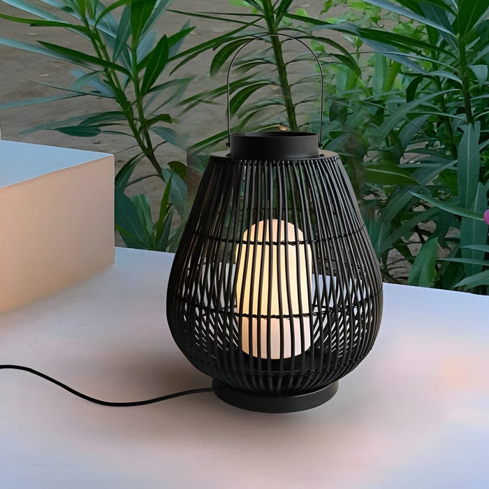 Round Handwoven Waterproof LED Black Modern Rattan Outdoor Lanterns