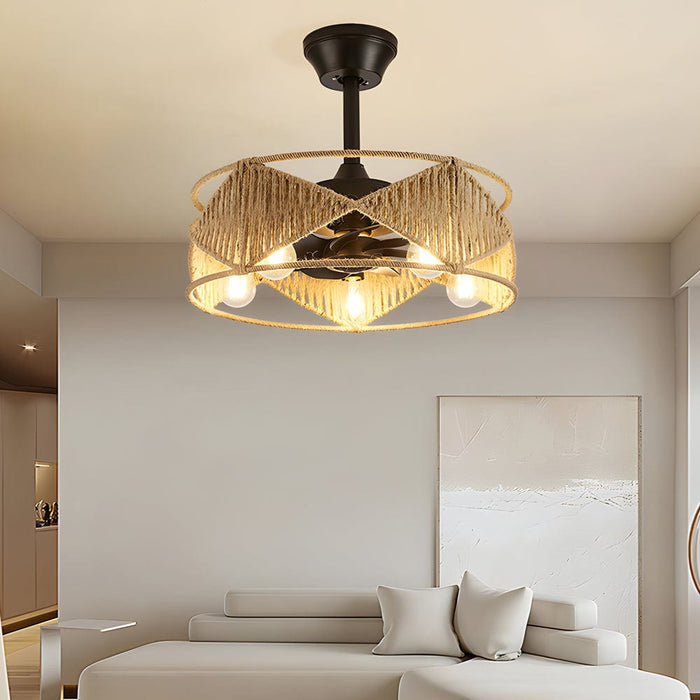 20-in Hemp Rope-Woven Caged Ceiling Fan with Light and Remote. 6-Speed