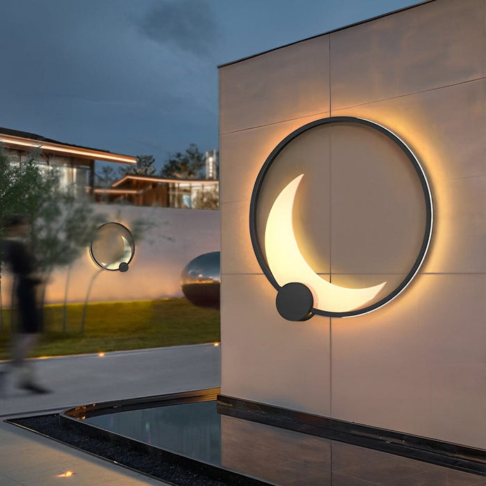 Round Moon Waterproof Black LED Wall Sconce Lighting Outdoor Wall Lamp