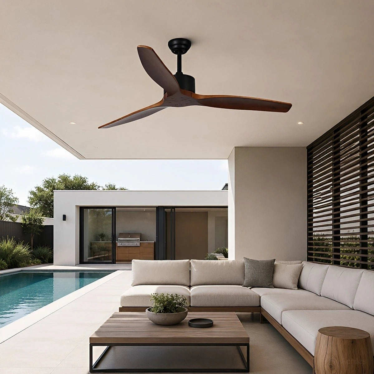 Sculptural Waterproof Modern Wood Reverse Outdoor Ceiling Fan