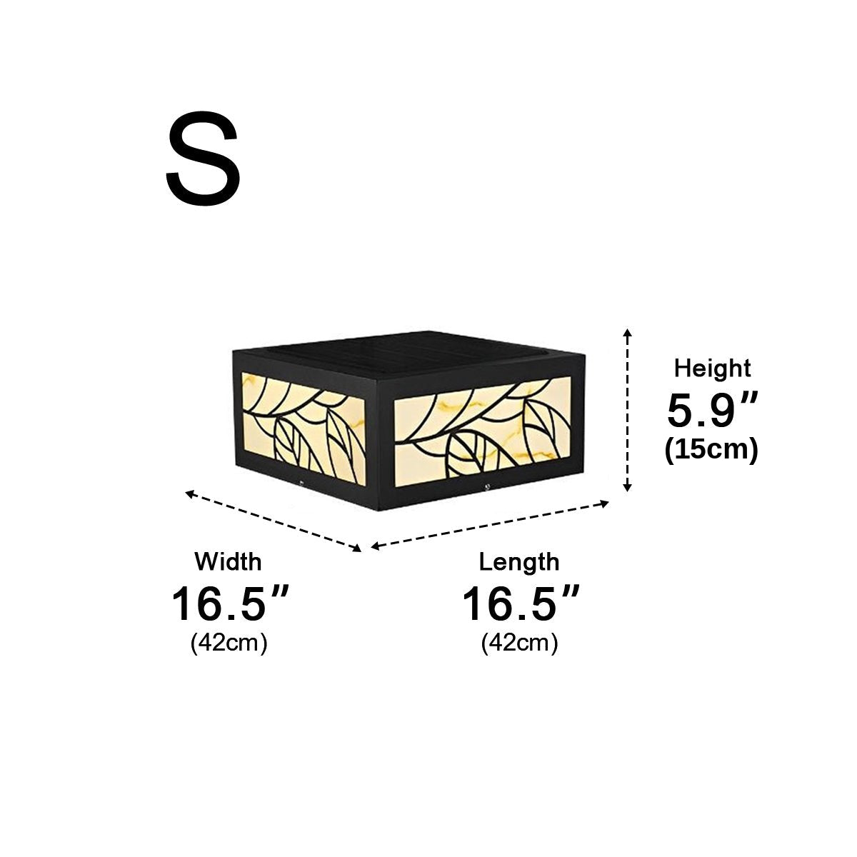 Dimension diagram for size 16.5 in.: Length 16.5 in./42 cm, Width 16.5 in./42 cm, Height 5.9 in./15 cm
