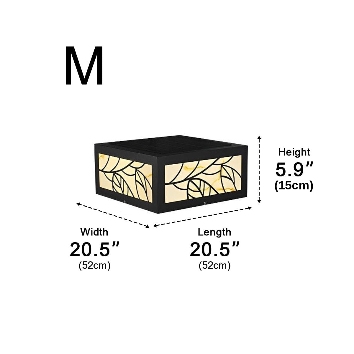 Dimension diagram for size 20.5 in.: Length 20.5 in./52 cm, Width 20.5 in./52 cm, Height 5.9 in./15 cm