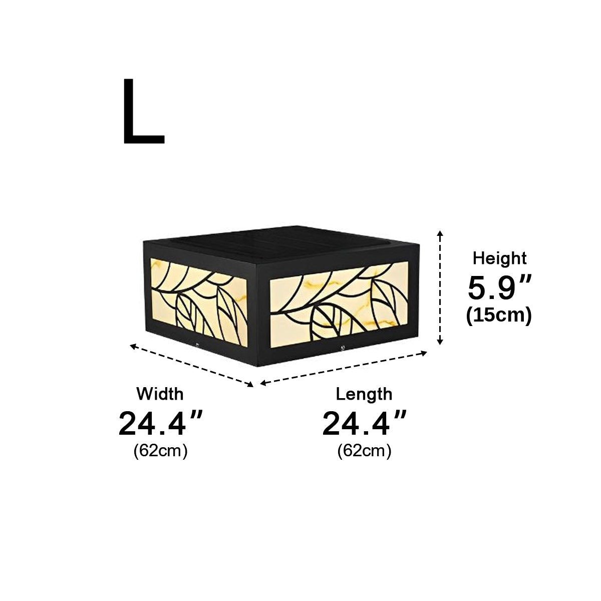 Dimension diagram for size 24.4 in.: Length 24.4 in./62 cm, Width 24.4 in./62 cm, Height 5.9 in./15 cm