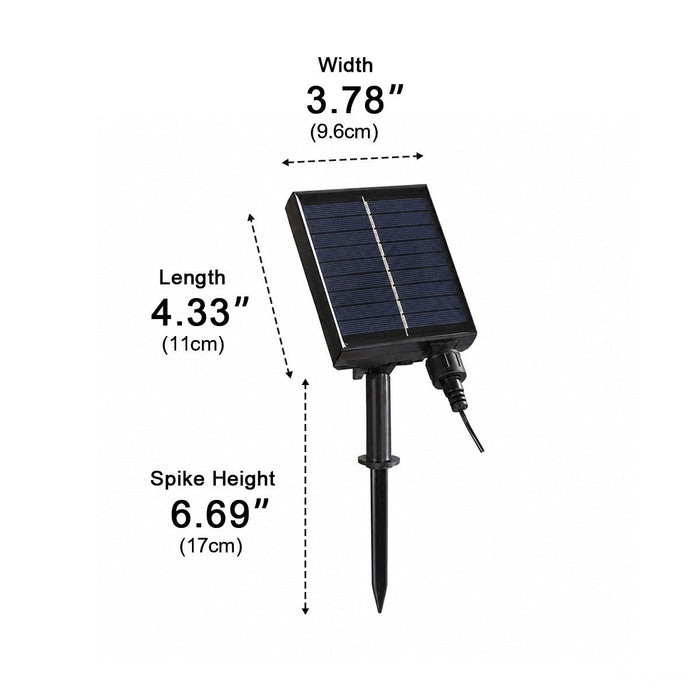 Dimension diagram: solar panel for the string lights; panel 11 cm/4.33 in. long, 9.6 cm/3.78 in. wide, ground spike 17 cm/6.69 in. high
