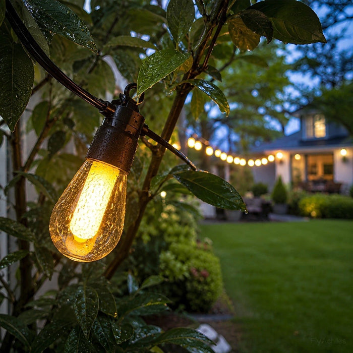 Close-up of a rain-speckled teardrop bulb glowing among wet leaves, the string receding toward a house at dusk
