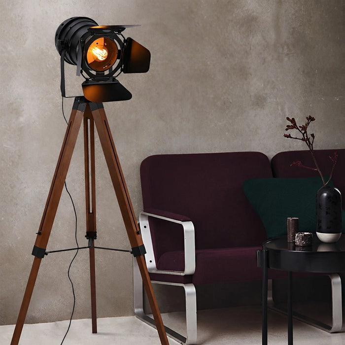 Vintage Industrial Tripod Wood LED Floor Lamp