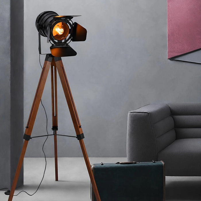 Vintage Industrial Tripod Wood LED Floor Lamp