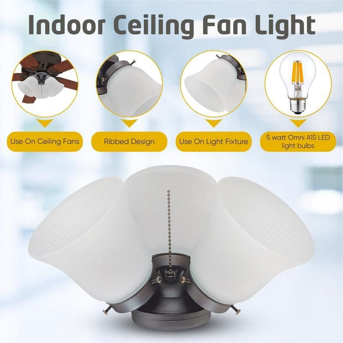 Antique Ceiling Fan Light Fixture with Ribbed Glass Shades, Energy Saving Ceiling Fans, Low Profile Cluster for Bedroom Living Room, Brass Ceiling Fan-3-ErisView