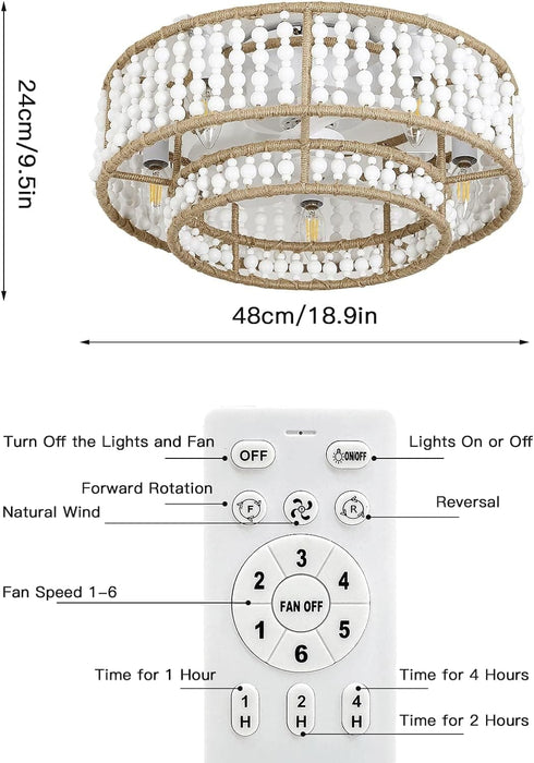 Beaded Boho Ceiling Fan, Rustic Farmhouse Bladeless Ceiling Fan with Light, Fandelier Flush Mounts with Remote for Bedroom Living Room Dining Room-5-ErisView