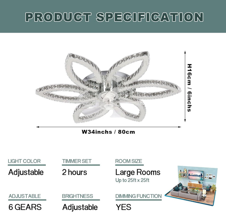Bedroom Ceiling Fans with Lights, Crystal Low Profile Ceiling Fan, Dimmable LED Fan Chandelier for Living Room Ceiling Fan Bedroom-6-ErisView