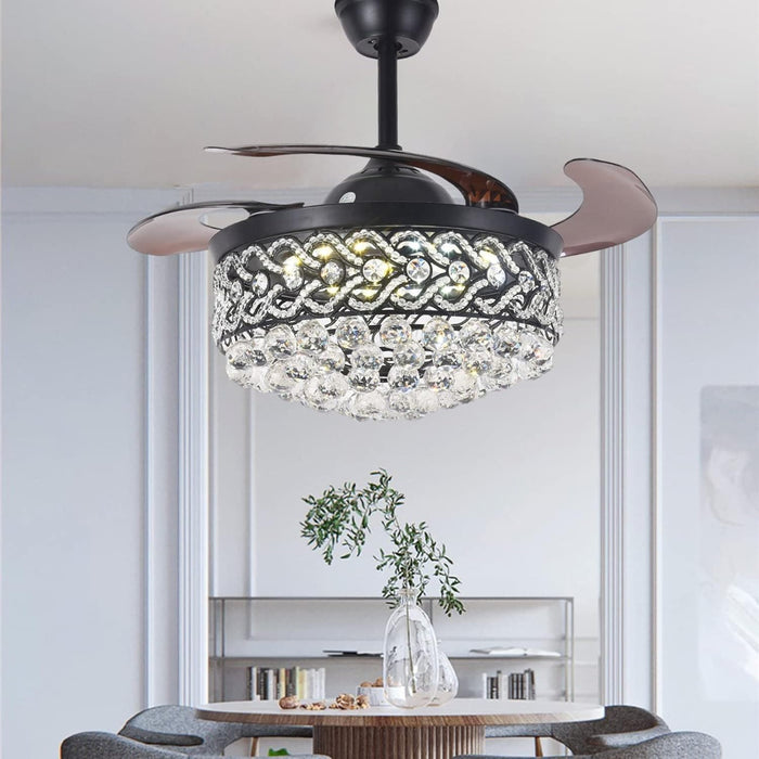 Black 42 in. Fandelier Ceiling Fan, Crystal Chandelier Fan with Remote Control, Retractable Blade Ceiling Fan with Lights for Dining Living Room -2-ErisView