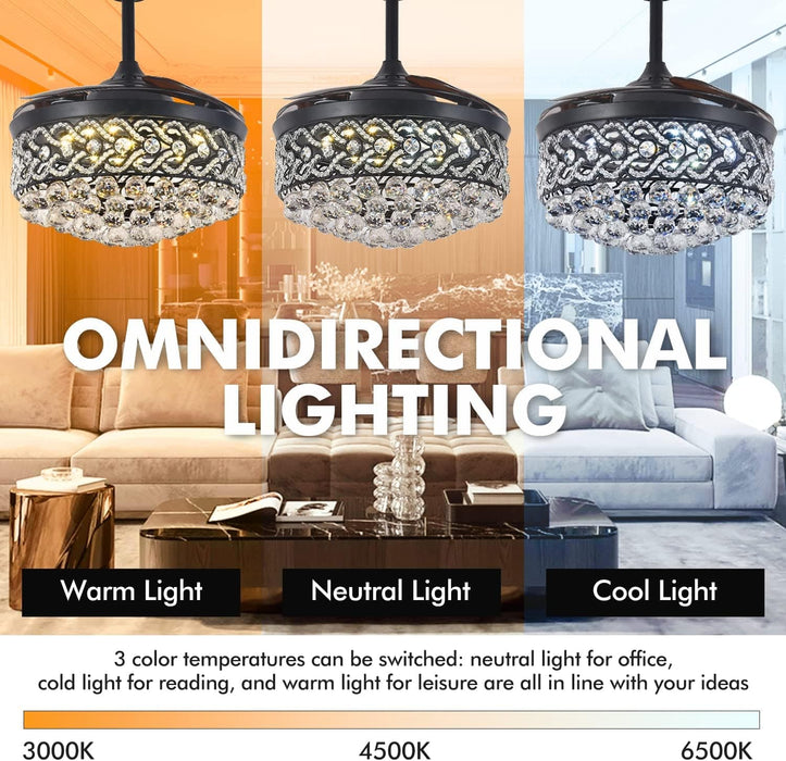 Black 42 in. Fandelier Ceiling Fan, Crystal Chandelier Fan with Remote Control, Retractable Blade Ceiling Fan with Lights for Dining Living Room -3-ErisView