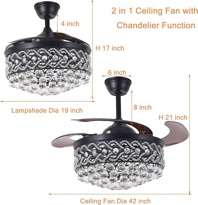 Black 42 in. Fandelier Ceiling Fan, Crystal Chandelier Fan with Remote Control, Retractable Blade Ceiling Fan with Lights for Dining Living Room -7-ErisView