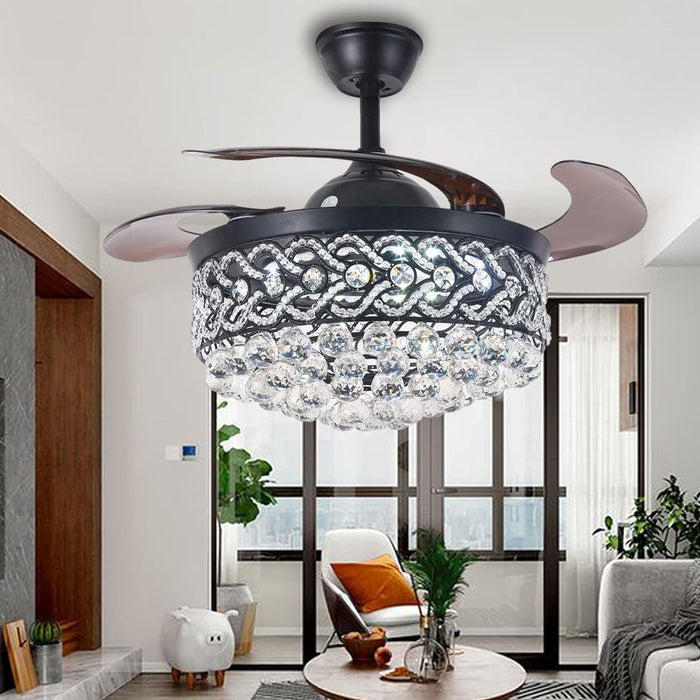 Black 42 in. Fandelier Ceiling Fan, Crystal Chandelier Fan with Remote Control, Retractable Blade Ceiling Fan with Lights for Dining Living Room -1-ErisView