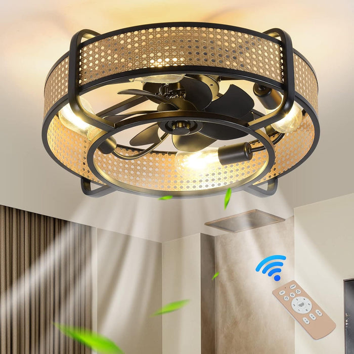 Black Bamboo Ceiling Fan, Retro Industrial Enclosed Caged Ceiling Fan with Remote, Ceiling Fan Light Fixture for Kitchen Bedroom Dining Room-2-ErisView