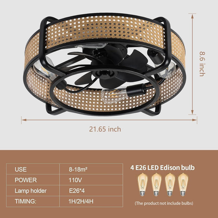 Black Bamboo Ceiling Fan, Retro Industrial Enclosed Caged Ceiling Fan with Remote, Ceiling Fan Light Fixture for Kitchen Bedroom Dining Room-4-ErisView
