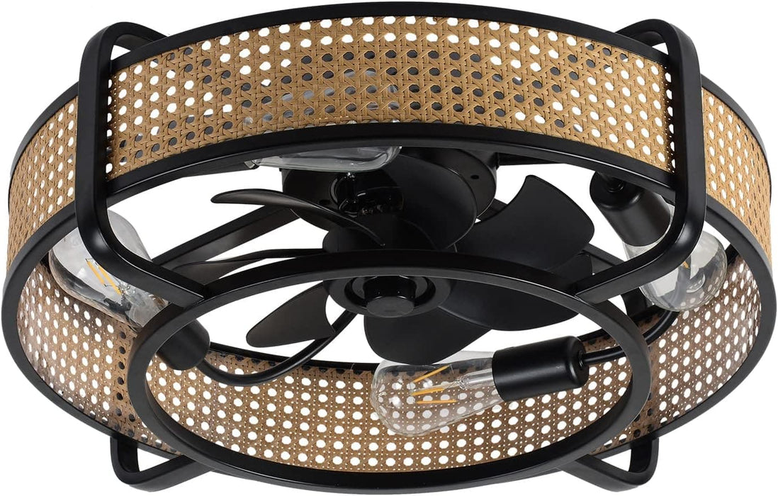 Black Bamboo Ceiling Fan, Retro Industrial Enclosed Caged Ceiling Fan with Remote, Ceiling Fan Light Fixture for Kitchen Bedroom Dining Room-1-ErisView