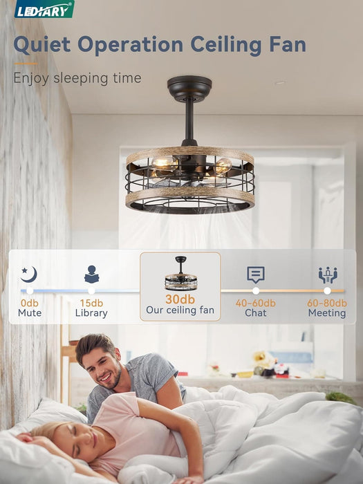 Black Caged Ceiling Fan with Light, Bladeless Industrial Farmhouse Rustic Ceiling Fans with Lights, Metal Blade Fan Light Fixtures for Kitchen Bedroom-2-ErisView
