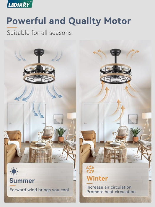 Black Caged Ceiling Fan with Light, Bladeless Industrial Farmhouse Rustic Ceiling Fans with Lights, Metal Blade Fan Light Fixtures for Kitchen Bedroom-3-ErisView