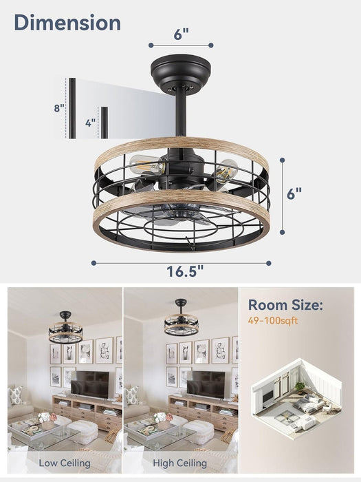 Black Caged Ceiling Fan with Light, Bladeless Industrial Farmhouse Rustic Ceiling Fans with Lights, Metal Blade Fan Light Fixtures for Kitchen Bedroom-6-ErisView