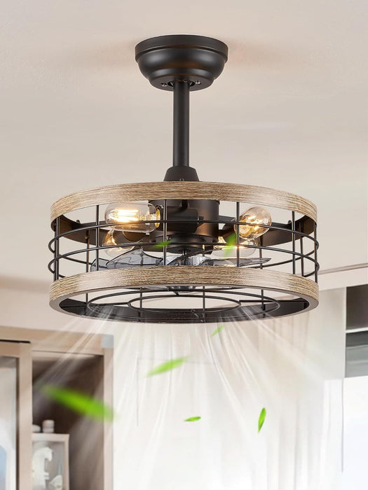 Black Caged Ceiling Fan with Light, Bladeless Industrial Farmhouse Rustic Ceiling Fans with Lights, Metal Blade Fan Light Fixtures for Kitchen Bedroom-1-ErisView