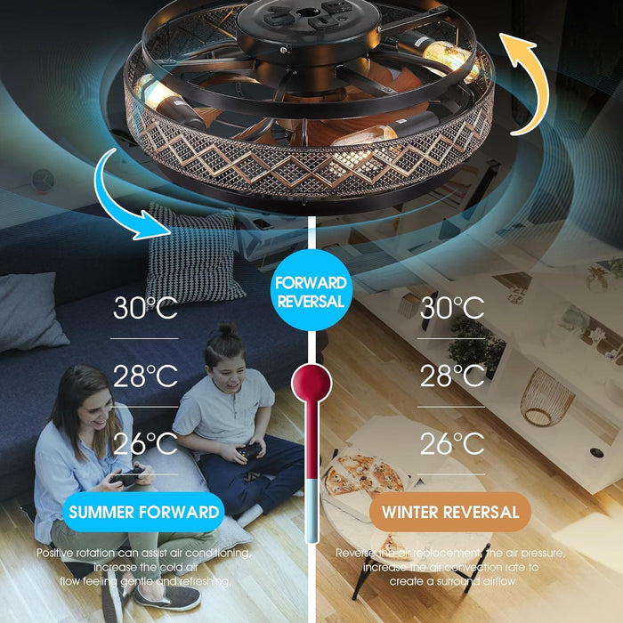 Black Caged Ceiling Fan with Lights and Remote, Small Reversible Low Profile Flush Mount Ceiling Fan for Bedroom, Industrial Ceiling Fan Light Fixture-2-ErisView