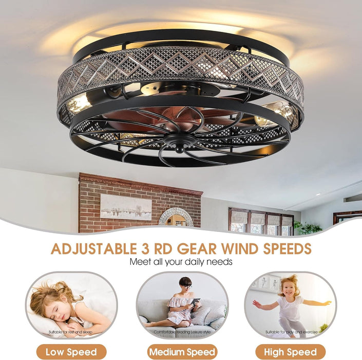 Black Caged Ceiling Fan with Lights and Remote, Small Reversible Low Profile Flush Mount Ceiling Fan for Bedroom, Industrial Ceiling Fan Light Fixture-4-ErisView