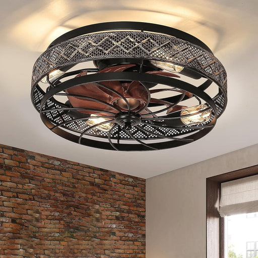 Black Caged Ceiling Fan with Lights and Remote, Small Reversible Low Profile Flush Mount Ceiling Fan for Bedroom, Industrial Ceiling Fan Light Fixture-1-ErisView