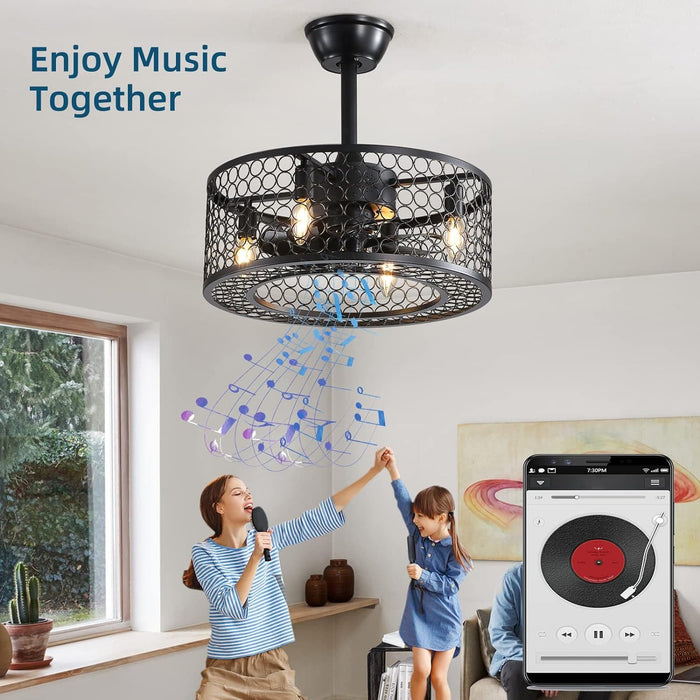 Black Caged Industrial Ceiling Fans with Remote, Mini Ceiling Fan with Bluetooth Speaker, Farmhouse Low Profile Bladeless Ceiling Fan for Bedroom Kitchen -2-ErisView