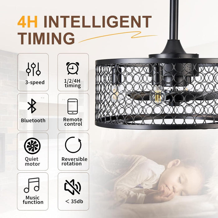 Black Caged Industrial Ceiling Fans with Remote, Mini Ceiling Fan with Bluetooth Speaker, Farmhouse Low Profile Bladeless Ceiling Fan for Bedroom Kitchen -5-ErisView