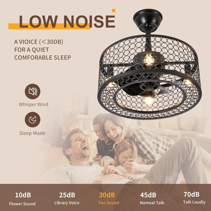 Black Caged Industrial Ceiling Fans with Remote, Mini Ceiling Fan with Bluetooth Speaker, Farmhouse Low Profile Bladeless Ceiling Fan for Bedroom Kitchen -6-ErisView