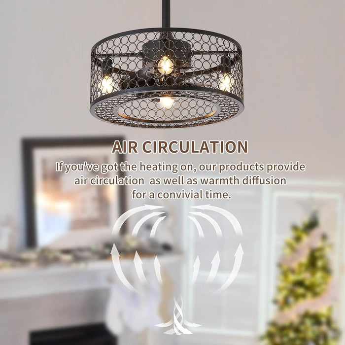 Black Caged Industrial Ceiling Fans with Remote, Mini Ceiling Fan with Bluetooth Speaker, Farmhouse Low Profile Bladeless Ceiling Fan for Bedroom Kitchen -7-ErisView
