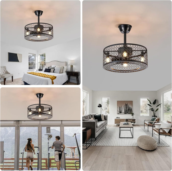 Black Caged Industrial Ceiling Fans with Remote, Mini Ceiling Fan with Bluetooth Speaker, Farmhouse Low Profile Bladeless Ceiling Fan for Bedroom Kitchen -8-ErisView