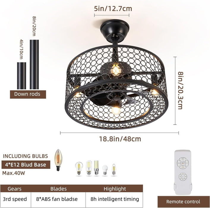 Black Caged Industrial Ceiling Fans with Remote, Mini Ceiling Fan with Bluetooth Speaker, Farmhouse Low Profile Bladeless Ceiling Fan for Bedroom Kitchen -9-ErisView