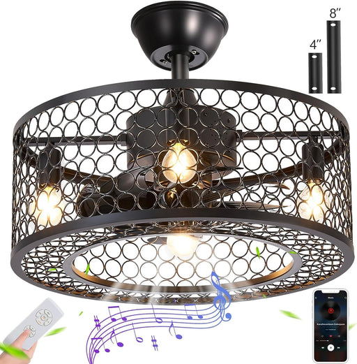 Black Caged Industrial Ceiling Fans with Remote, Mini Ceiling Fan with Bluetooth Speaker, Farmhouse Low Profile Bladeless Ceiling Fan for Bedroom Kitchen -1-ErisView