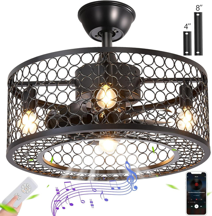 Black Caged Industrial Ceiling Fans with Remote, Mini Ceiling Fan with Bluetooth Speaker, Farmhouse Low Profile Bladeless Ceiling Fan for Bedroom Kitchen -1-ErisView