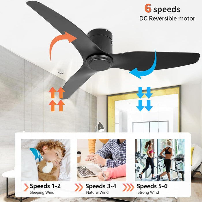 Black Ceiling Fan NO Light, Simple Ceiling Fan with Remote, Silent Flush Mount Ceiling Fan for Bedroom Living Room-3-ErisView