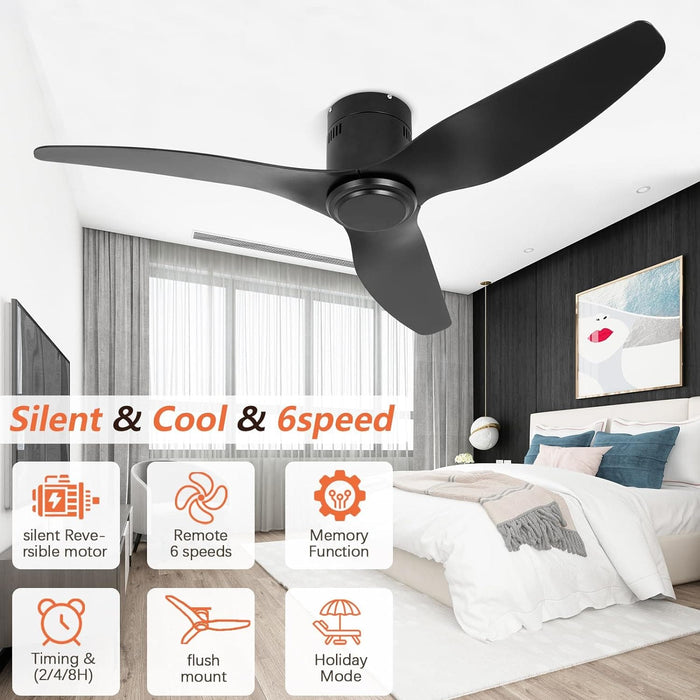 Black Ceiling Fan NO Light, Simple Ceiling Fan with Remote, Silent Flush Mount Ceiling Fan for Bedroom Living Room-4-ErisView