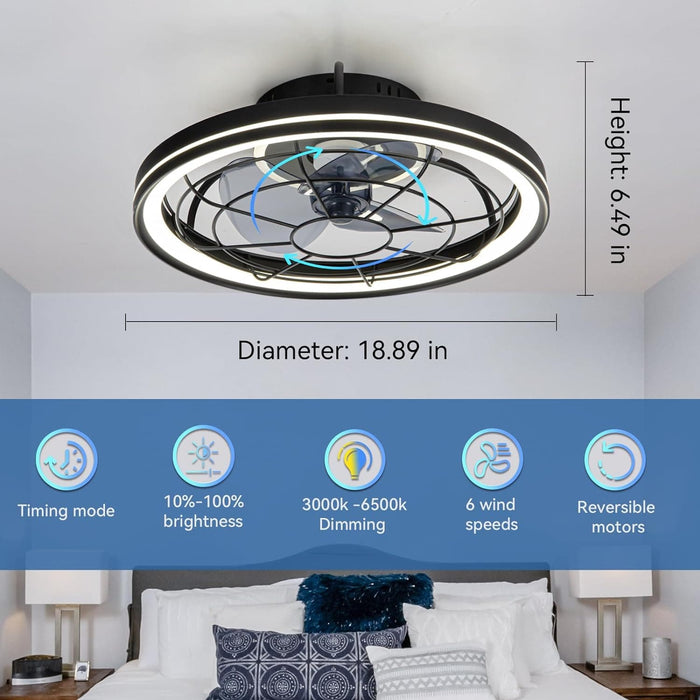 Black Enclosed Ceiling Fan with Lights, Flush Mount Modern Ceiling Fan and Remote Control, Fandelier Ceiling Fan, Dimmable LED Fan Light-2-ErisView